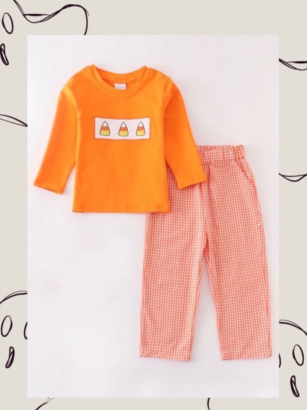 Kids Orange Candy Corn Pajama Set - Long Sleeve Top & Gingham Pants- unisex